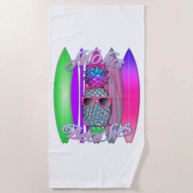 Tropischer Aloha Strand-Spaß-surfende Ananas Strandtuch (Vorderseite)
