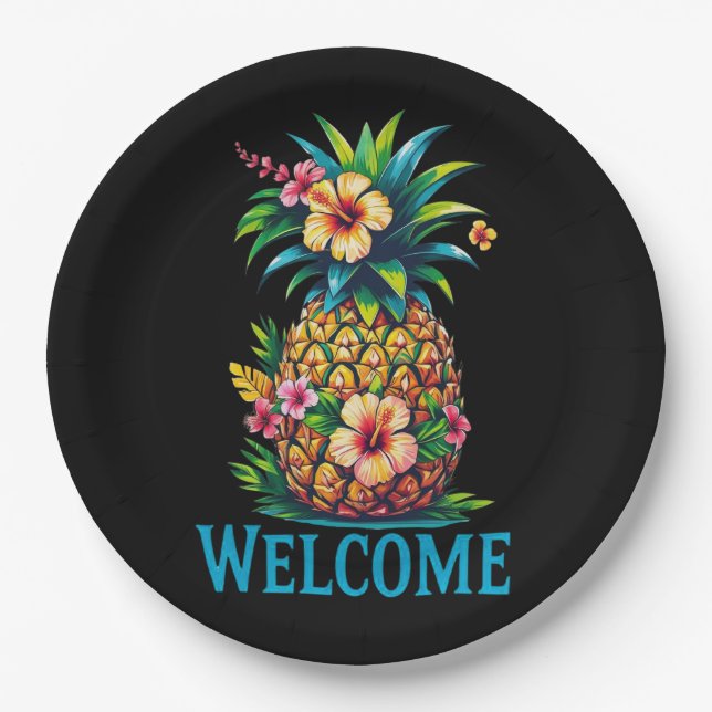 Tropischer Ananas Cocktail Napkin Willkommen Pappteller (Vorderseite)