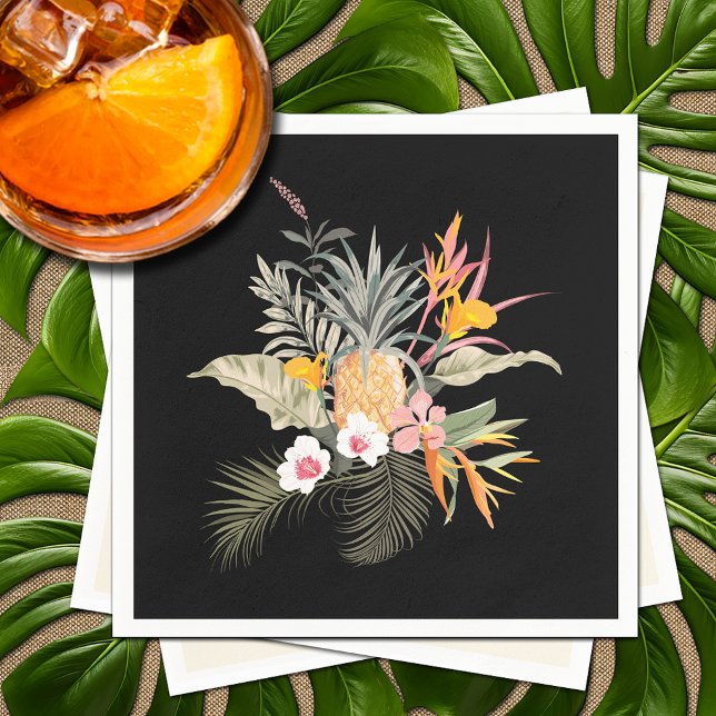 Tropischer Ananas-Hibiskus-Foliage auf Schwarz Serviette (Tropical Pineapple Hibiscus Foliage on Black Napkins)