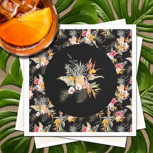 Tropischer Ananas-Hibiskus-Foliage auf Schwarz Serviette (Tropical Pineapple Hibiscus Foliage on Black Napkins)