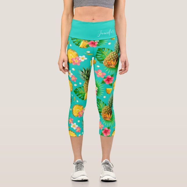 Tropischer Ananas Personalisierter Name Capri Leggings (Vorderseite)