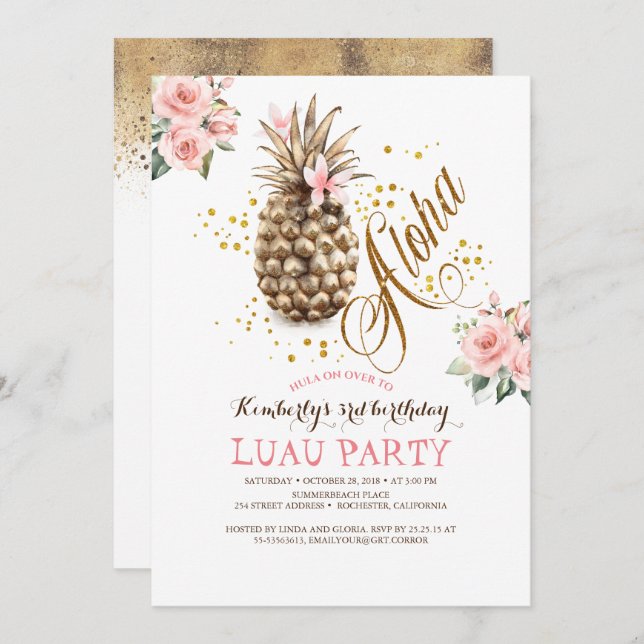 Tropischer Ananas Rosa Blume Luau Geburtstag Einladung (Vorne/Hinten)