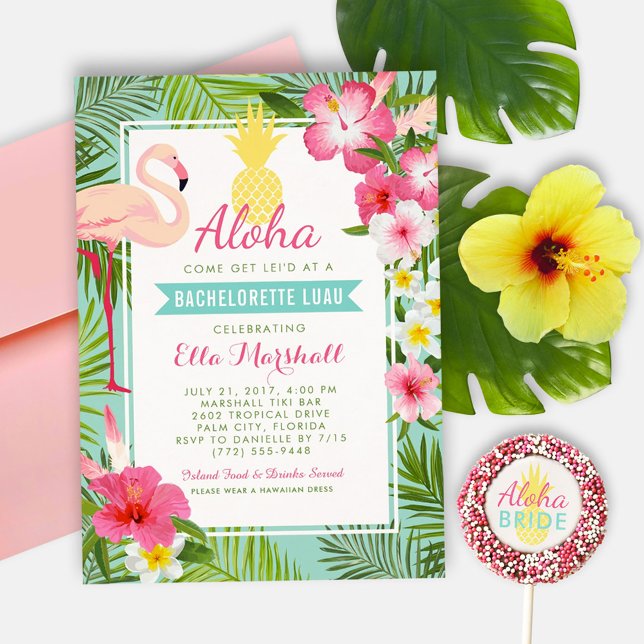 Tropischer Ananas Rosa Flamingo Bachelorette Luau Einladung (Von Creator hochgeladen)