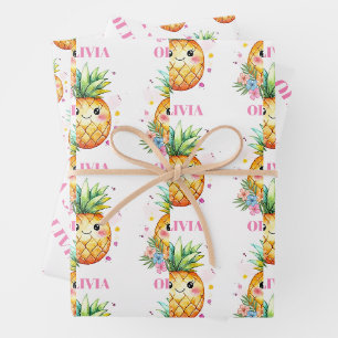 Tropischer Ananas Rosa Name Mädchen Geburtstagsfei Geschenkpapier Set