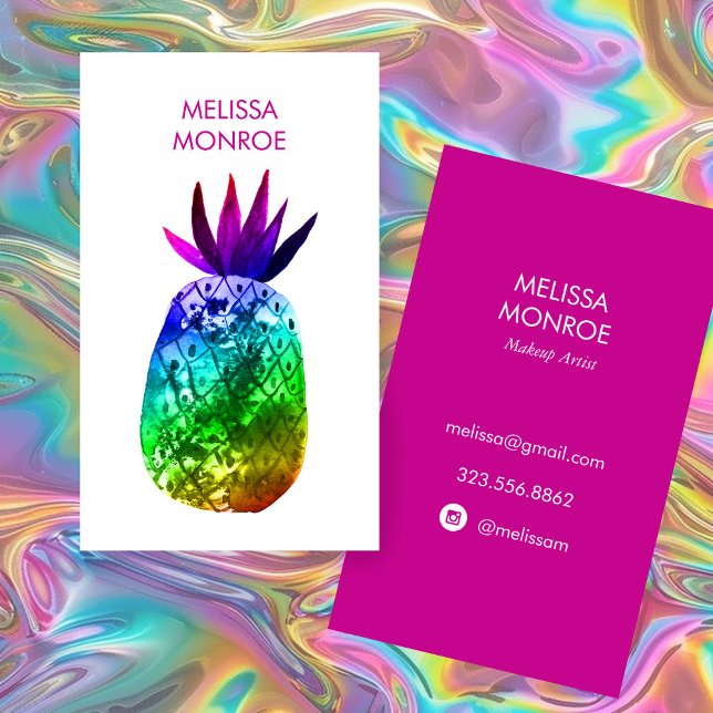 Tropischer Ananas Wasserfarbe Rosa Lila Regenbogen Visitenkarte (Tropical Pineapple Watercolor Pink Purple Rainbow Business Card
)