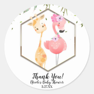 Tropischer Aquarell-Flamingo- und Giraffen-Baby-Em Runder Aufkleber