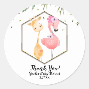 Tropischer Aquarell-Flamingo- und Giraffen-Baby-Em Runder Aufkleber