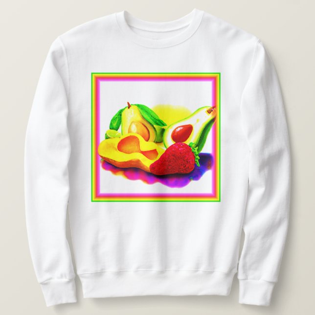Tropischer Avocado, Erdbeere und Mango. Jetzt kauf Sweatshirt (Design vorne)