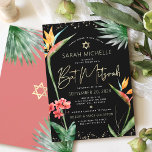 Tropischer Bat Mitzvah Black Gold Floral Watercolo Einladung<br><div class="desc">Seien Sie stolz, freuen Sie sich und präsentieren Sie diesen Meilenstein Ihres Lieblings-Bat Mitzvah mit dieser raffinierten, personalisierten Einladung! Stilvolle, atemberaubende, farbenfrohe, tropische Wasserfarbenvögel paradiesischer Blume, Imitate goldgeschriebenes Drehbuch, Star of David und Glitzer Punkte, zusammen mit modernen Sans Serif Typ, überlagern einen dramatischen, schwarzen Hintergrund. Zusätzliche Aquarellpalmen Blätter und ein...</div>