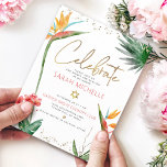 Tropischer Bat Mitzvah Gold Script Floral Wasserfa Begleitkarte<br><div class="desc">Seien Sie stolz, freuen Sie sich und präsentieren Sie diesen Meilenstein Ihres Lieblings-Bat Mitzvah! Fügen Sie diese moderne, funkelnd, personalisierte Einlage für zusätzliche Informationen zu Ihrer Veranstaltung ein. Stilvolle, atemberaubende, farbenfrohe, tropische Wasserfarbenvögel paradiesischer Blume, Imitate goldgeschriebene Schrift, Star of David und Glitzer Punkte, zusammen mit dunklem Rose rosa und graue...</div>