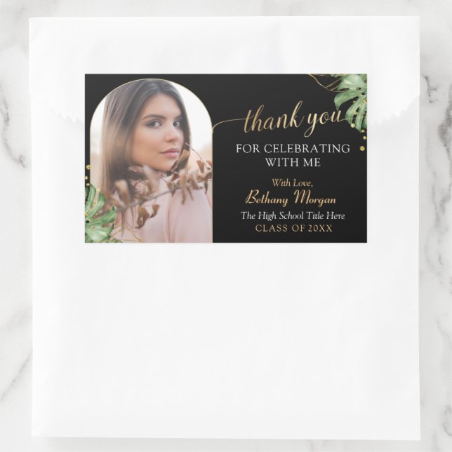 Tropischer Black Gold Arch Grad Foto Abschluss Rechteckiger Aufkleber (Tasche)