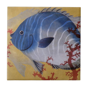 Tropischer Blauer Fisch Vintage Koralle Meereslebe Fliese