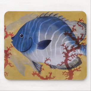 Tropischer Blauer Fisch Vintage Koralle Meereslebe Mousepad