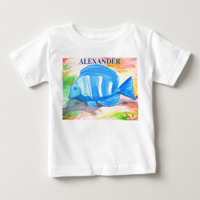 Tropischer Blauer Fisch Wasserfarbenmeer Baby T-shirt (Vorderseite)
