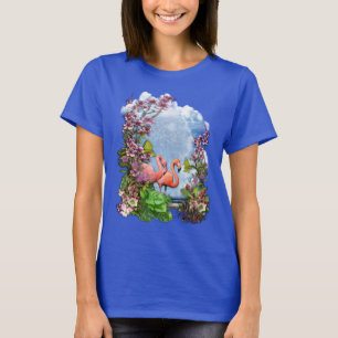 Tropischer blauer Marmor Flamingo Palast T-Shirt