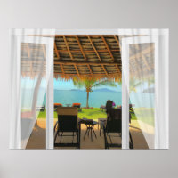 Tropischer Blick auf den Strand durch Ihr Fenster