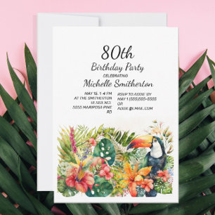 Tropischer Blumen-Tukan 80. Geburtstag Einladung