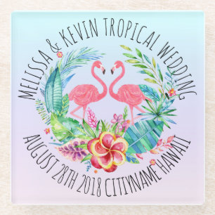 Tropischer Blumenkranz & rosa Flamingos Glasuntersetzer