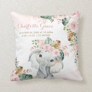 Tropischer Blush Floral Elephant Baby Birth Stats Kissen