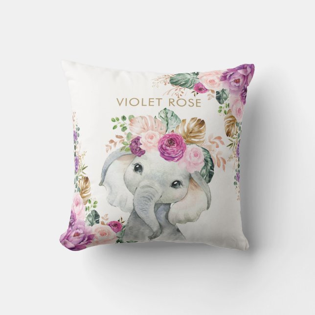 Tropischer Boho Lila Blush Floral Elefant Kissen (Vorderseite)
