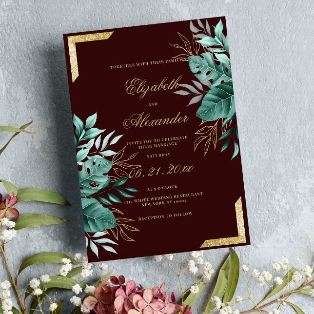 Tropischer Bordeaux-Glitzer Blumenhochzeit Einladung (Glam tropical burgundy gold glitter floral wedding)