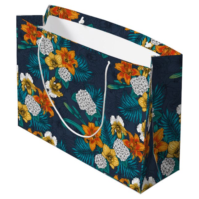 Tropischer Bouquet in Blau Große Geschenktüte (Rückseite Schrägansicht)