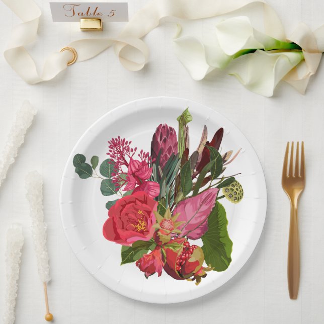 Tropischer Bouquet mit rosa Blume Pappteller (Hochzeit)