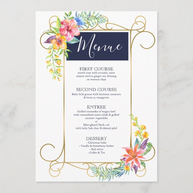 Tropischer Chef farbenfrohe Blume Goldrahmen Menükarte (Vorderseite)