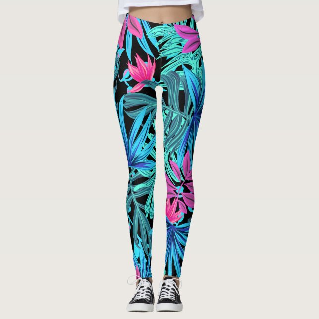 Tropischer Druck in Blau und Rosa Leggings (Vorderseite)