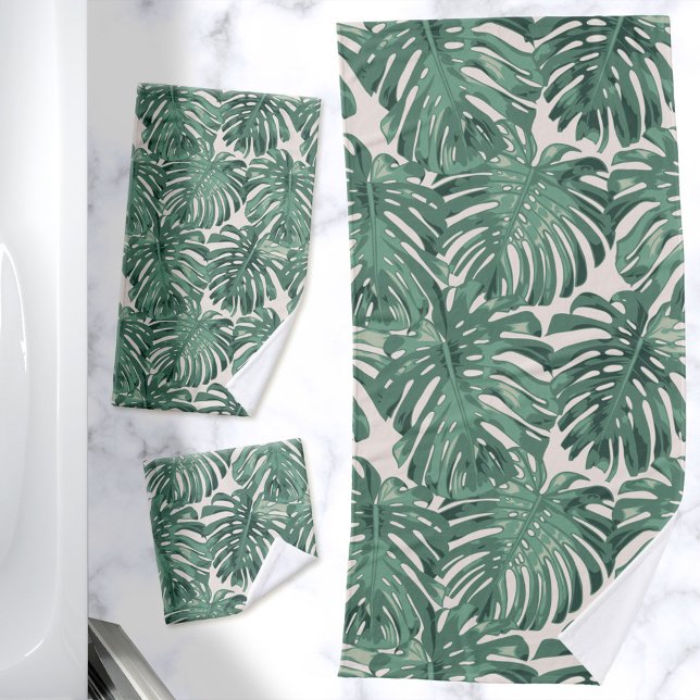 Tropischer Dschungel Blätter blass grün Moderne Badhandtuch Set (Pale green tropical leaf printed bath towel set)