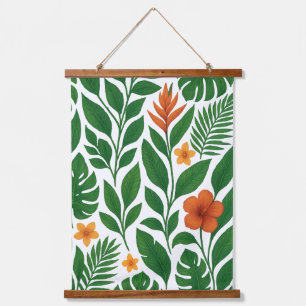 "Tropischer Dschungel-Blumenmuster - Grün & Orange Wandteppich Mit Holzrahmen