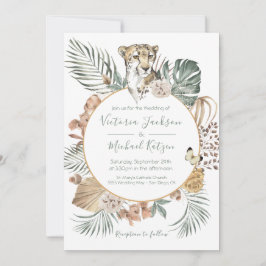 Tropischer Dschungel Cheetah Palm Wreath Wedding Einladung