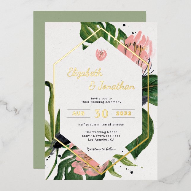 Tropischer Dschungel florale Moderne rosa Blume &  Folieneinladung (Vorderseite/Rückseite)