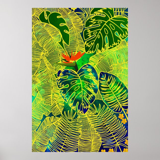 Tropischer Dschungel Grüne Blätter Wasserfarbe Poster (Vorne)