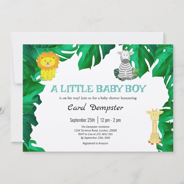 Tropischer Dschungel Thema Kinderdusche Einladung (Vorderseite)