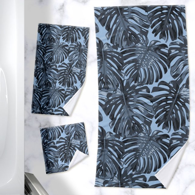 Tropischer Dschungel Verlasse Dunkelblau Moderne Badhandtuch Set (Dark blue palm leaf printed towels in 3 sizes)