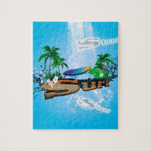 Tropischer Entwurf mit Surfbrett, Palme und Blumen Puzzle