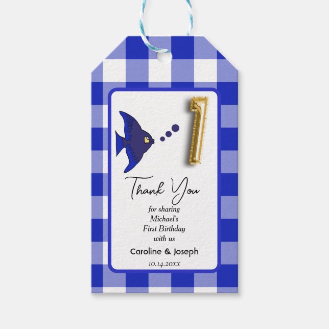 Tropischer Fisch, Blue Gingham zum Geburtstag Dank Geschenkanhänger (Vorderseite)