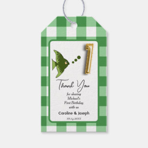 Tropischer Fisch, grüner Gingham zum Geburtstag Da Geschenkanhänger
