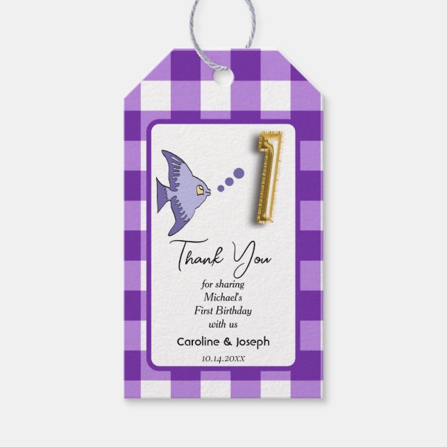 Tropischer Fisch, Lila Gingham Geburtstag Dank Geschenkanhänger (Vorderseite)