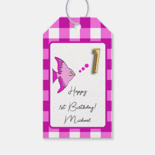 Tropischer Fisch, rosa Gingham Happy 1. Geburtstag Geschenkanhänger