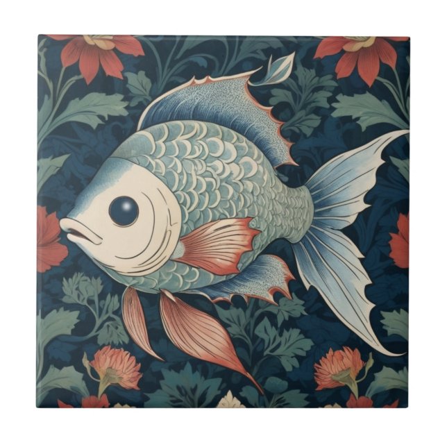 Tropischer Fisch William Morris Stil Wassersee Fliese (Vorderseite)