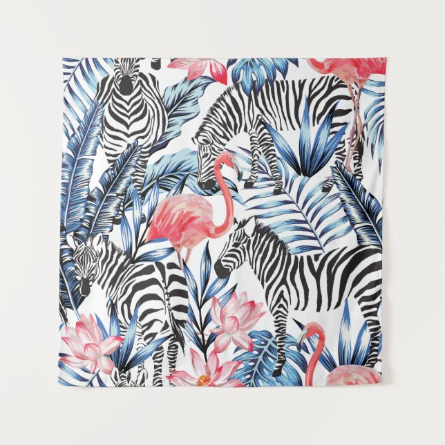 Tropischer Flair: Flamingo Zebra Paradise Wandteppich (Vorderseite)