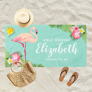 Tropischer Flamingo Aqua Mädchen-Wochenende Name Strandtuch