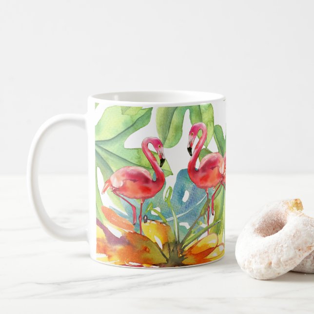 Tropischer Flamingo-Bird Wasserfarbe Kaffeetasse (Mit Donut)