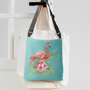 Tropischer Flamingo-Blumen-Aquablau Tragetaschen Mit Langen Trägern