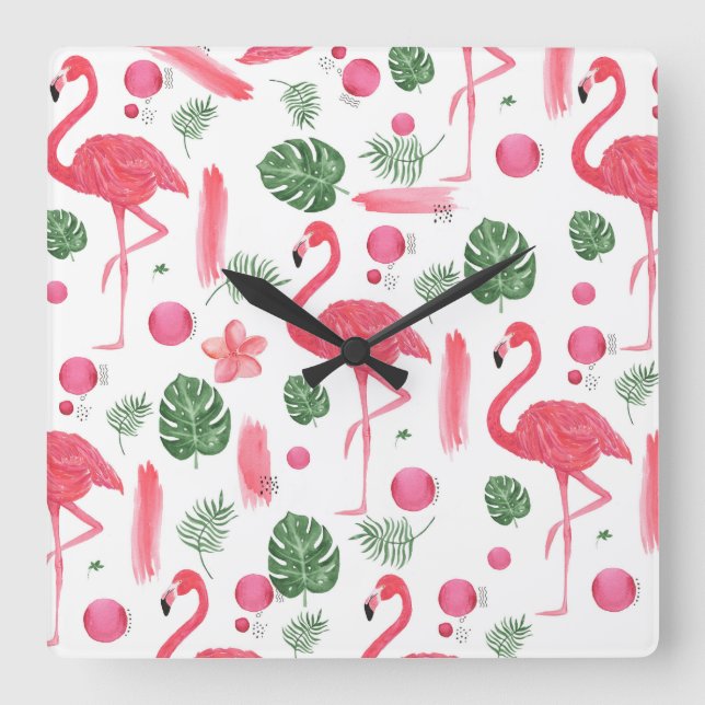 Tropischer Flamingo des rosa grünen Aquarells mit Quadratische Wanduhr (Vorderseite)