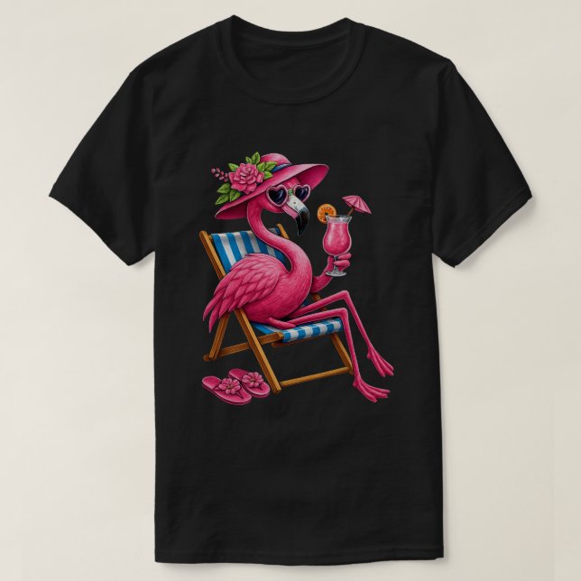Tropischer Flamingo entspannt im Liegestuhl T-Shirt (Design vorne)