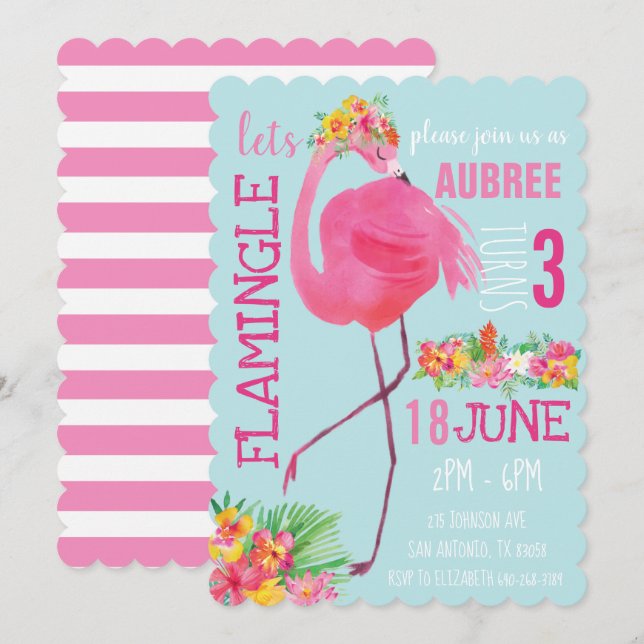 Tropischer Flamingo Geburtstagsparty Einladung Som (Vorne/Hinten)