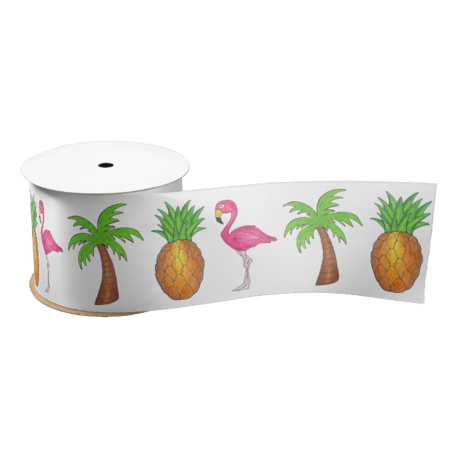 Tropischer Flamingo Grüner Palm Tree Ananas Insel Satinband (Spule)